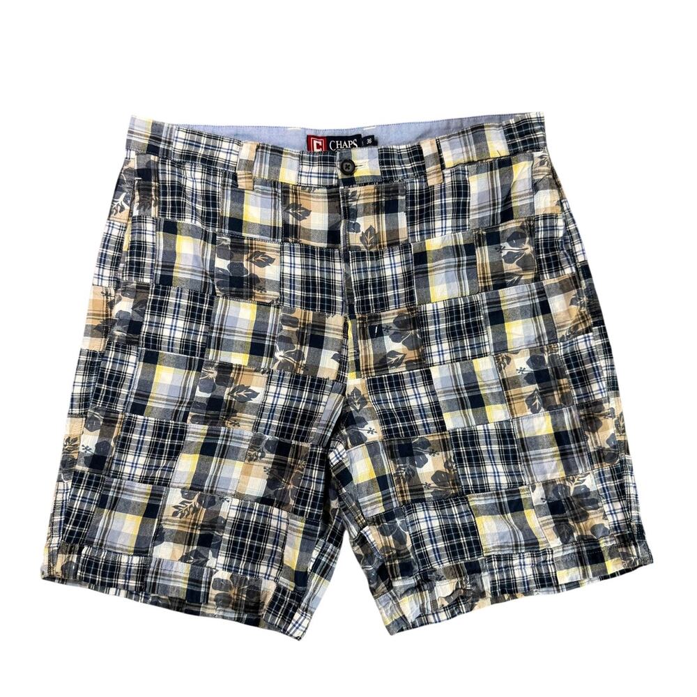 Chaps Patchwork Plaid Shorts Mens 36 Cotton Chino 9" Inseam Preppy Summer